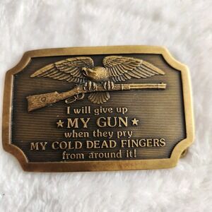 Vintage Brass Belt Buckle "My Cold Dead Fingers"  Gun USA Eagle 1977 Indiana...